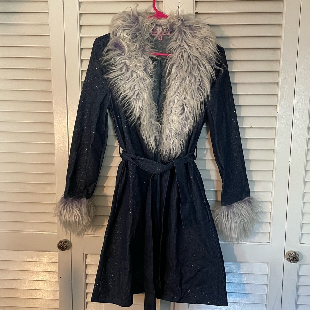 Dolls Kill Dark Denim Coat with Lavender Faux Fur Trim